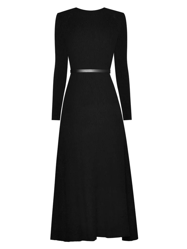 Black Knitted Sweater Maxi Dress Long Sleeve 1950S Vinatge Dress With Belt
