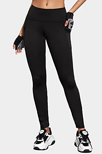 BLINKIN Women's Stretch Fit Yoga Pants & Tights with Mesh Insert & Side Pockets(2012,Color_Black,Size_2XL)