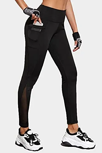 BLINKIN Women's Stretch Fit Yoga Pants & Tights with Mesh Insert & Side Pockets(2012,Color_Black,Size_2XL)