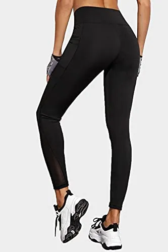 BLINKIN Women's Stretch Fit Yoga Pants & Tights with Mesh Insert & Side Pockets(2012,Color_Black,Size_2XL)