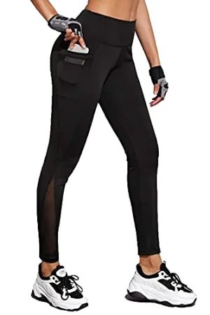 BLINKIN Women's Stretch Fit Yoga Pants & Tights with Mesh Insert & Side Pockets(2012,Color_Black,Size_2XL)