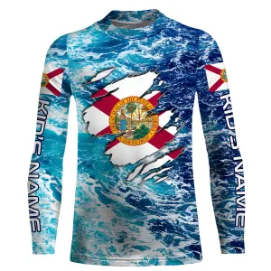 Blue sea wave ocean camo Florida flag Custom name fishing jerseys | Kid Long Sleeves NPQ756
