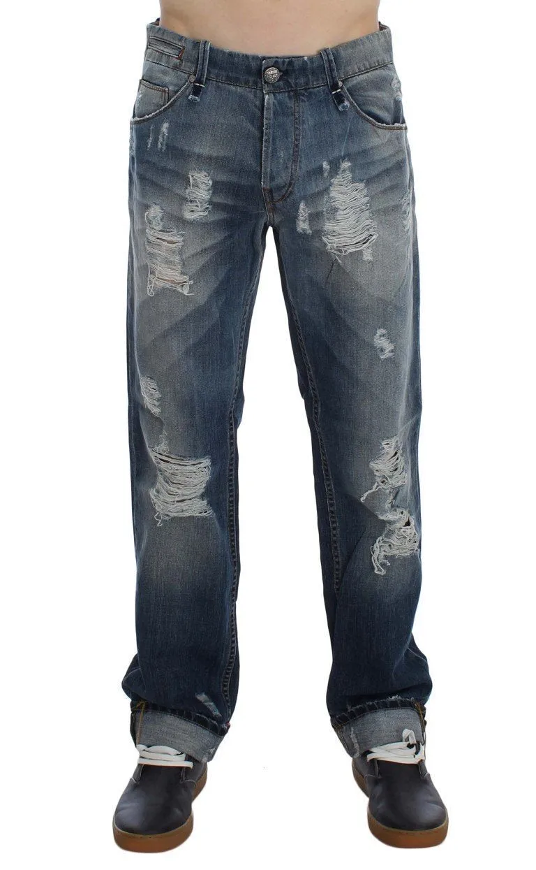 Blue Wash Torn Cotton Stretch Regular Fit Jeans
