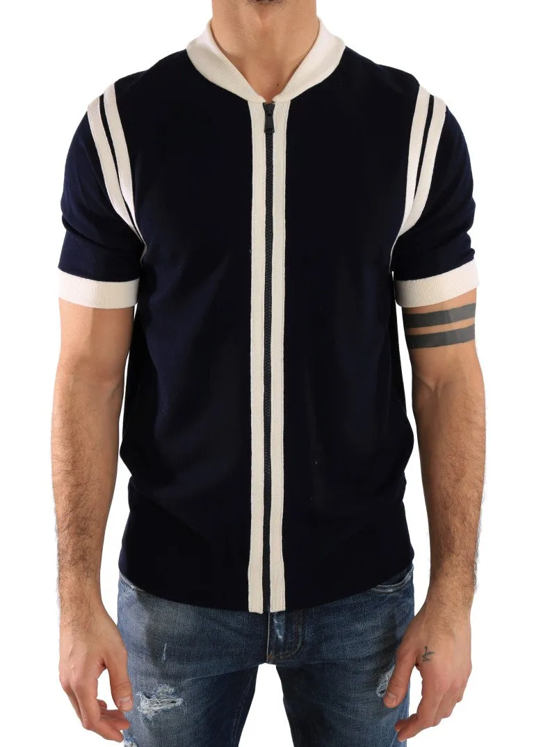Blue White Wool Short Sleeve Sweater