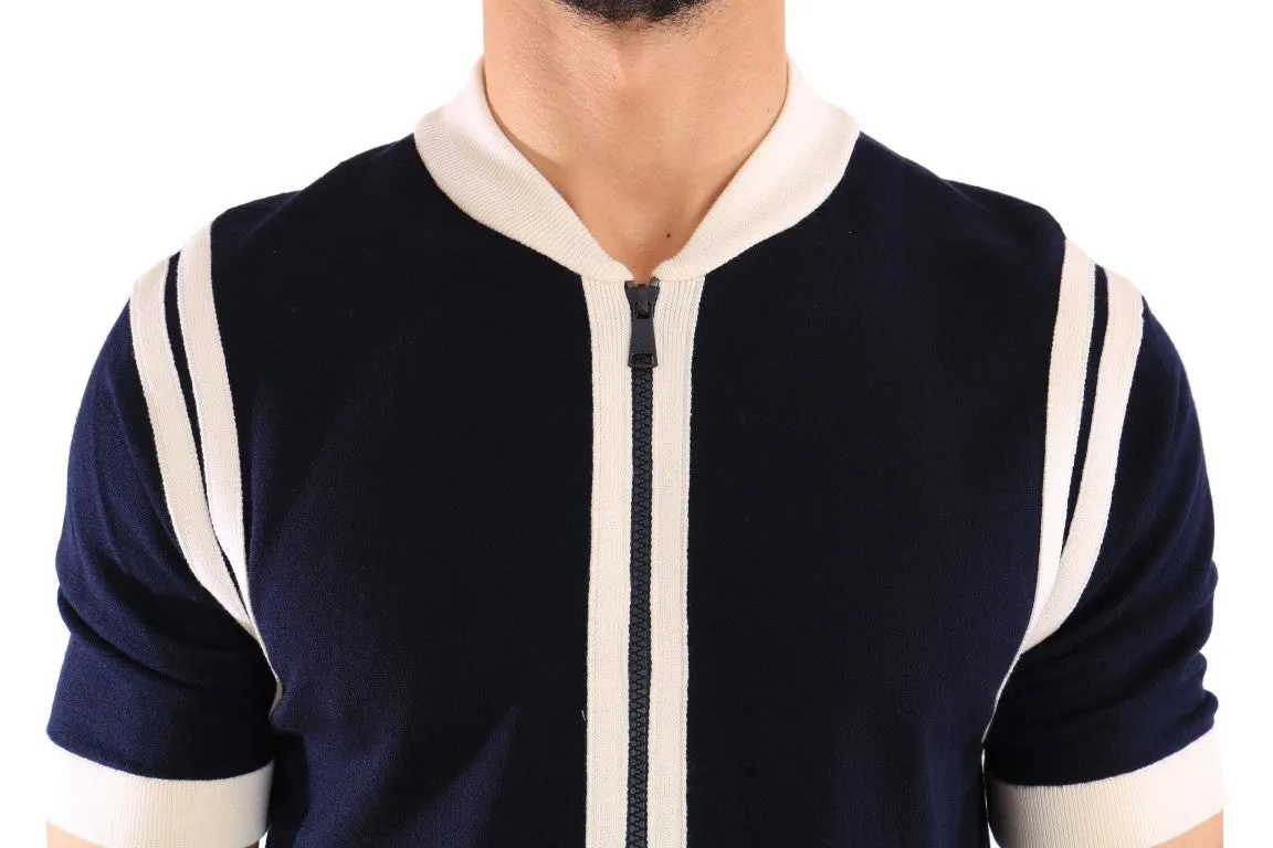Blue White Wool Short Sleeve Sweater