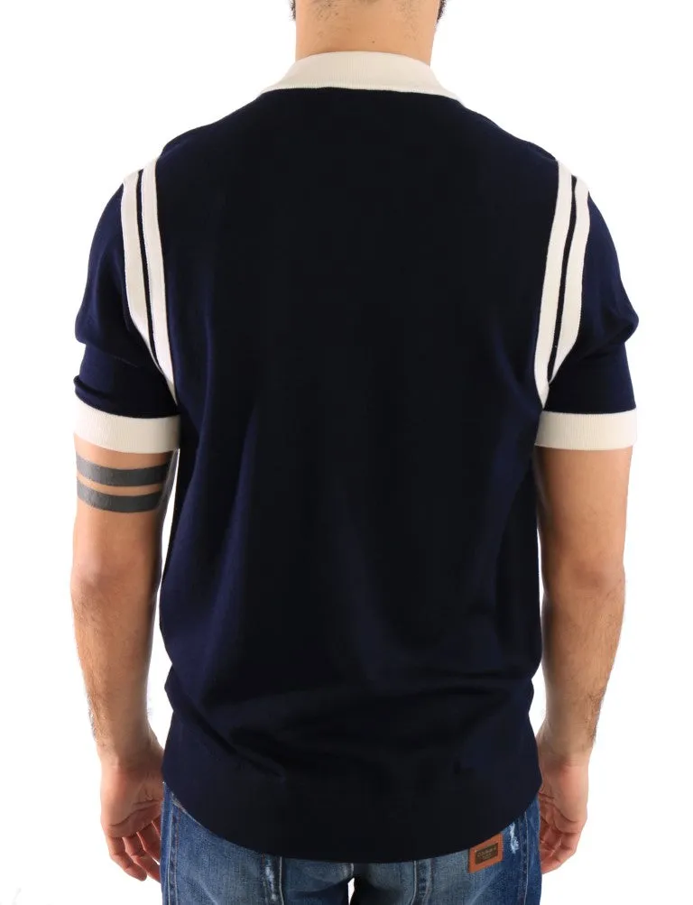 Blue White Wool Short Sleeve Sweater