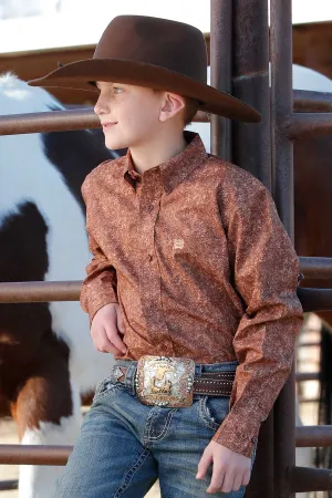 BOYS BROWN PRINT LONG SLEEVE SHIRT
