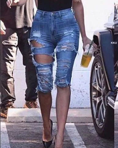Broken Hole Fringed Stretch Denim Pants