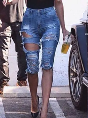 Broken Hole Fringed Stretch Denim Pants