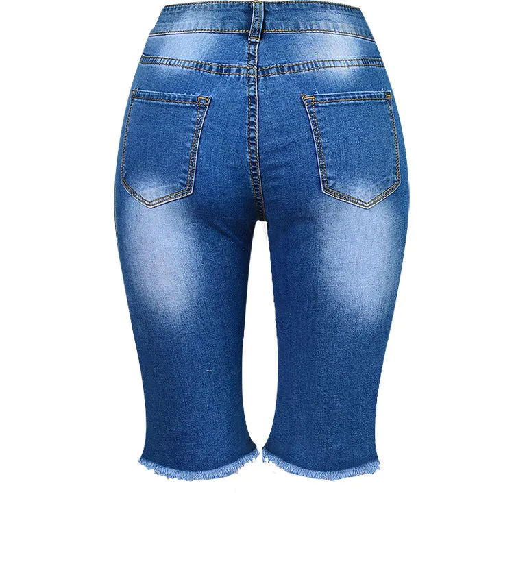 Broken Hole Fringed Stretch Denim Pants