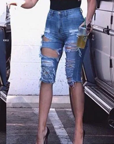 Broken Hole Fringed Stretch Denim Pants