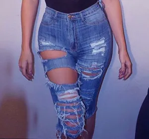 Broken Hole Fringed Stretch Denim Pants