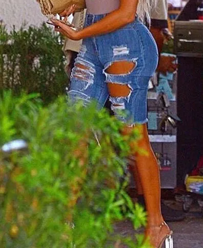 Broken Hole Fringed Stretch Denim Pants