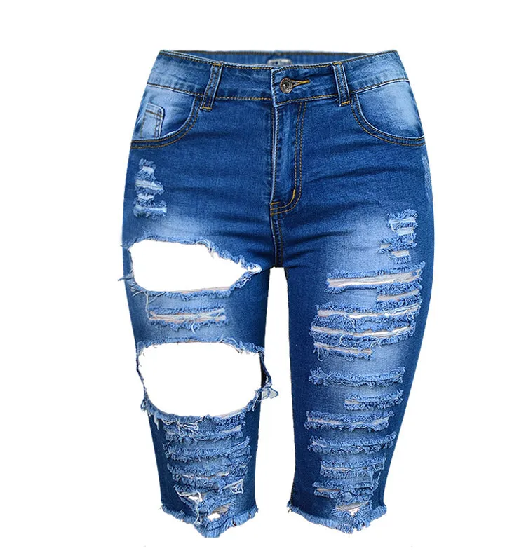 Broken Hole Fringed Stretch Denim Pants