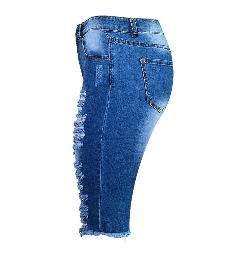 Broken Hole Fringed Stretch Denim Pants