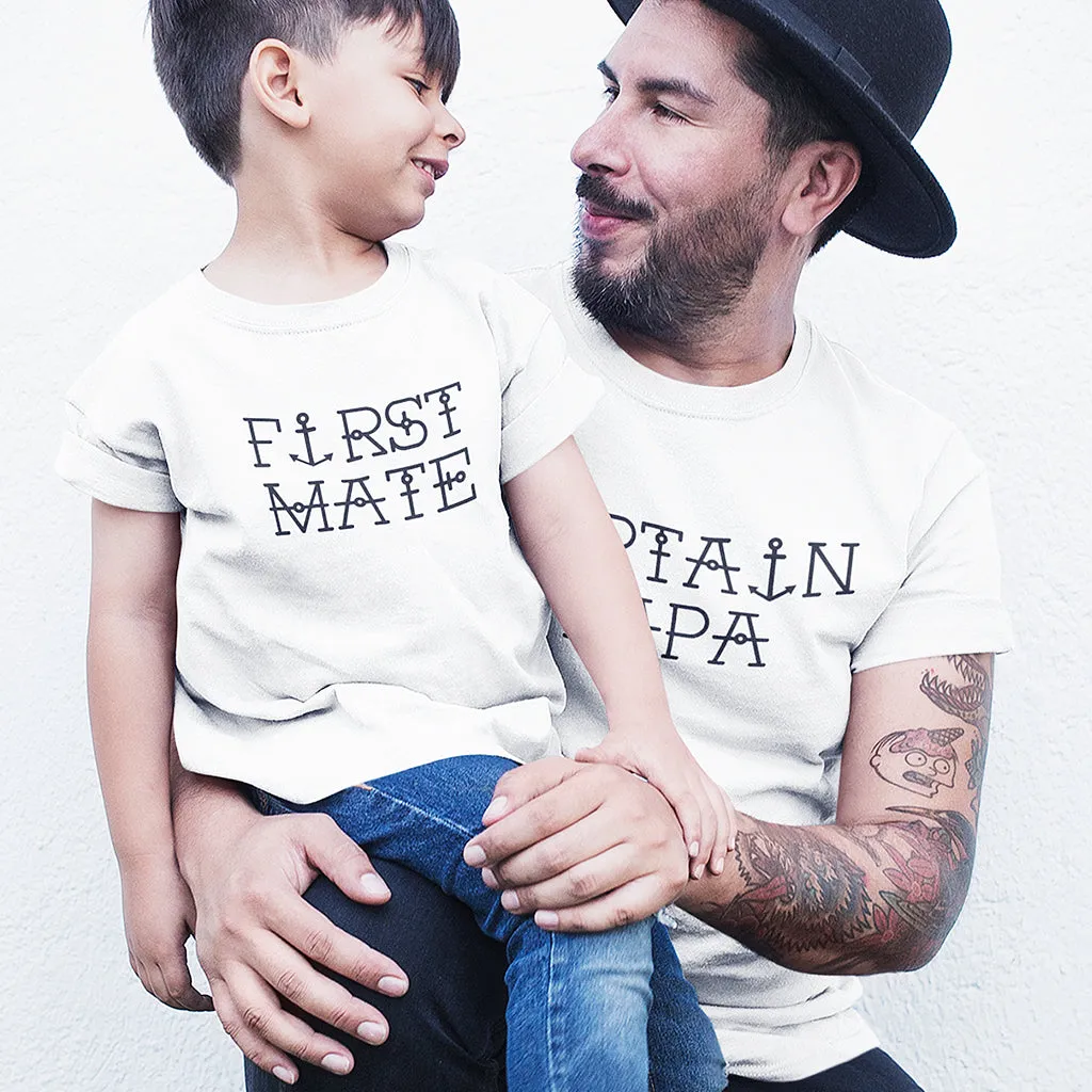 Captain Papa and First Mate - Matching T-Shirts set for Papa/Daddy/Grandpa and Children