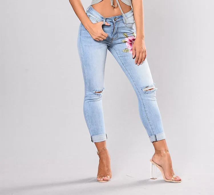 Color Embroidered Denim Stretch Ripped Jeans