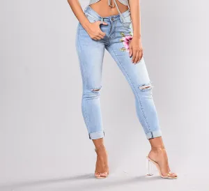 Color Embroidered Denim Stretch Ripped Jeans