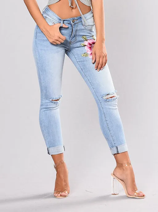 Color Embroidered Denim Stretch Ripped Jeans
