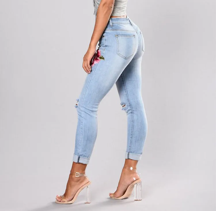 Color Embroidered Denim Stretch Ripped Jeans