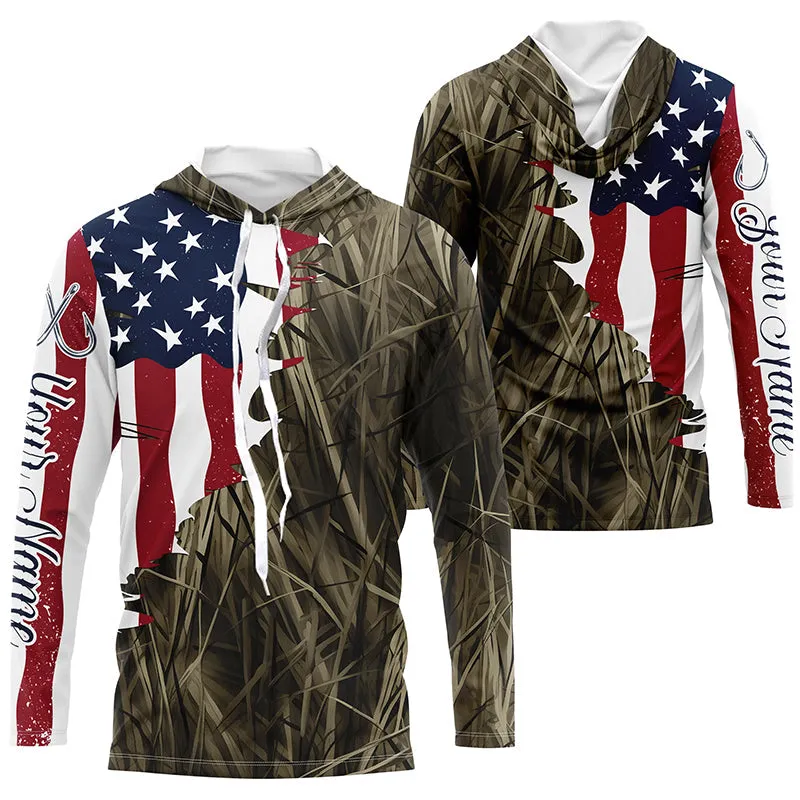 Custom Patriotic Camouflage Long Sleeve Fishing Shirts, Personalized Fishing Jerseys | Brown Camo IPHW6997