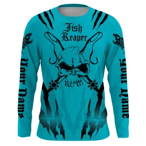 Fish reaper Custom Long Sleeve performance Fishing Shirts, Skull Fishing jerseys | blue IPHW3059