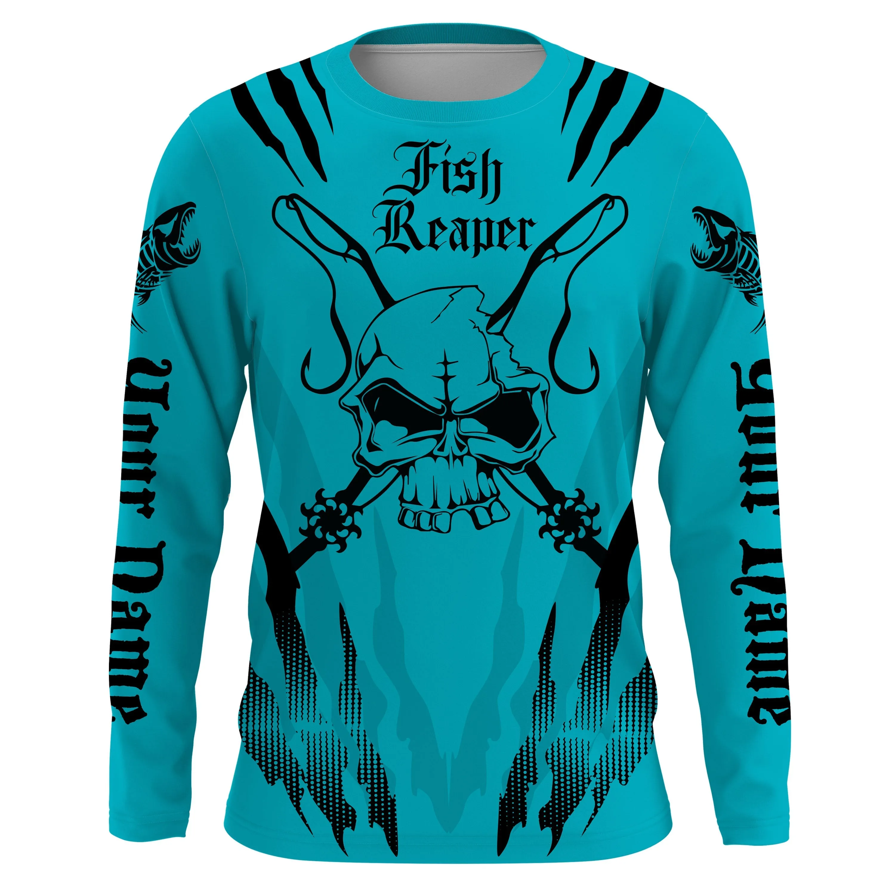 Fish reaper Custom Long Sleeve performance Fishing Shirts, Skull Fishing jerseys | blue IPHW3059