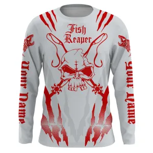 Fish reaper Custom Long Sleeve performance Fishing Shirts, Skull Fishing jerseys | gray and red IPHW3100