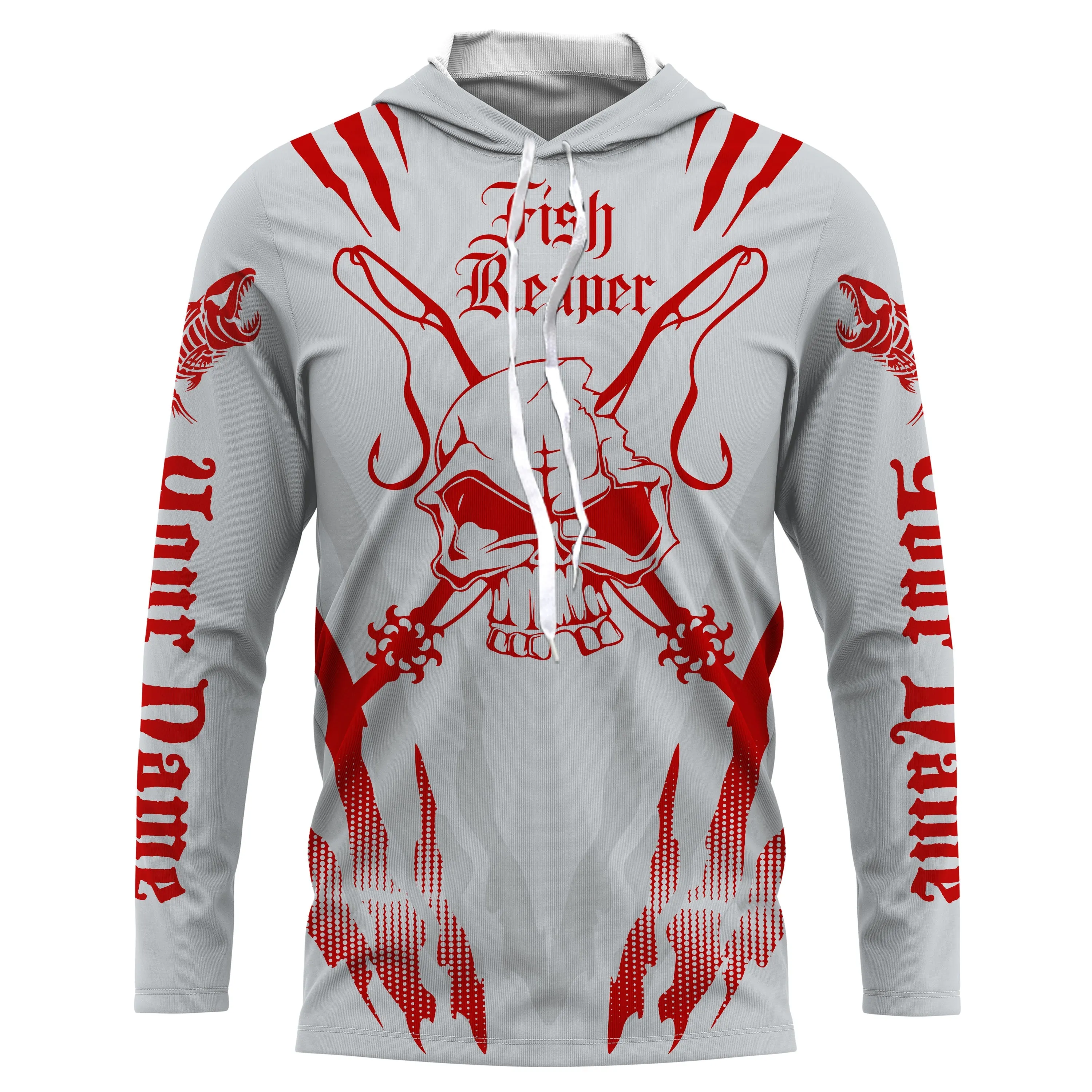Fish reaper Custom Long Sleeve performance Fishing Shirts, Skull Fishing jerseys | gray and red IPHW3100