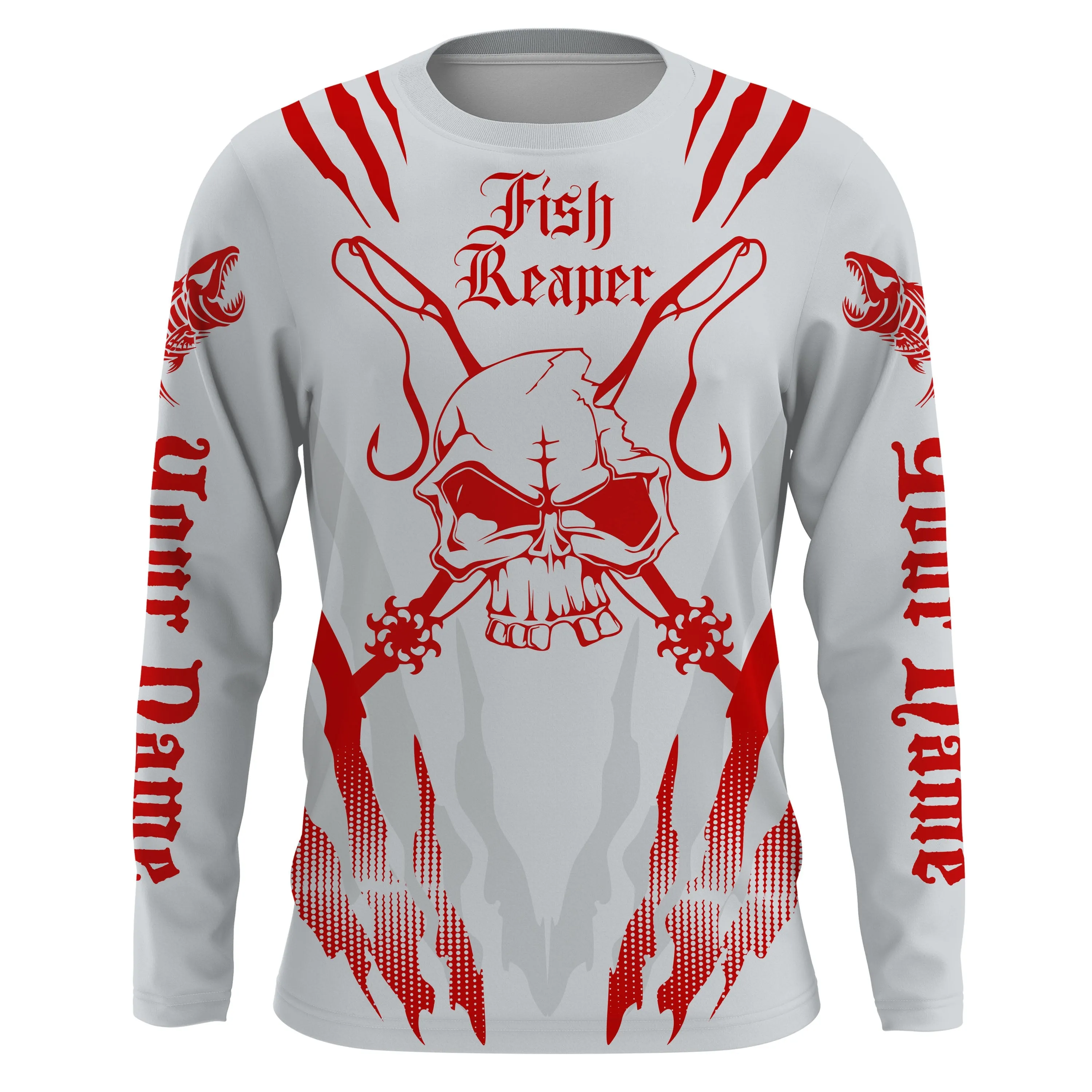Fish reaper Custom Long Sleeve performance Fishing Shirts, Skull Fishing jerseys | gray and red IPHW3100
