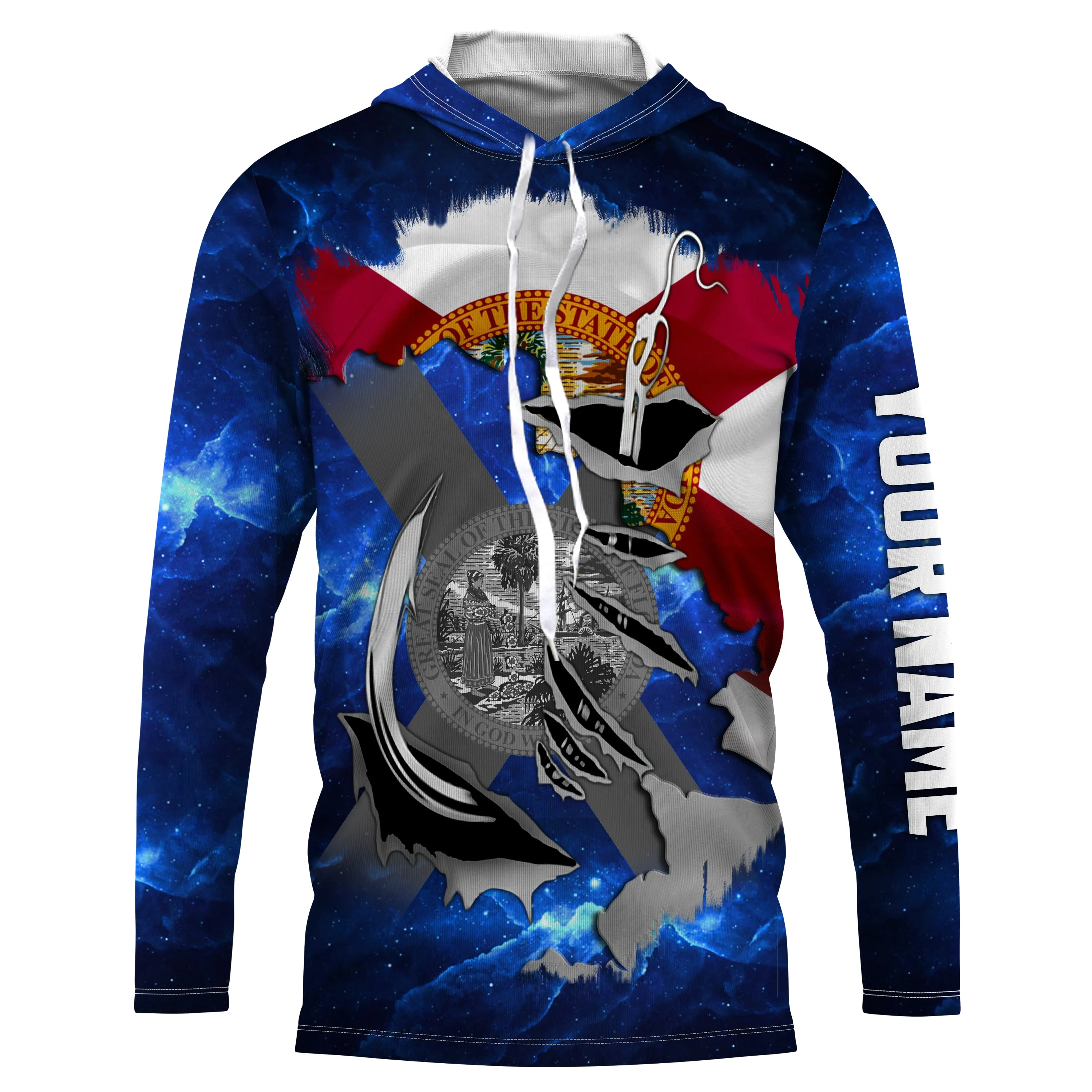 Florida FL Fishing Fish Hook Flag blue Universe patriotic Custom name Long sleeve, Long Sleeve Hooded NPQ854