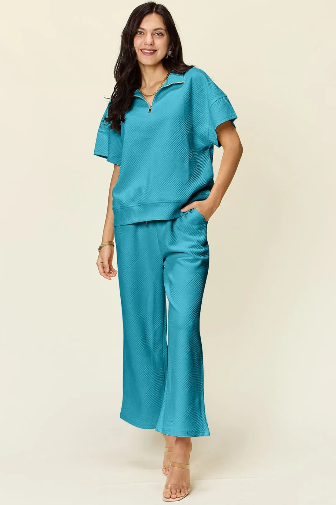 Half Zip Short Sleeve Top and Pants Set
