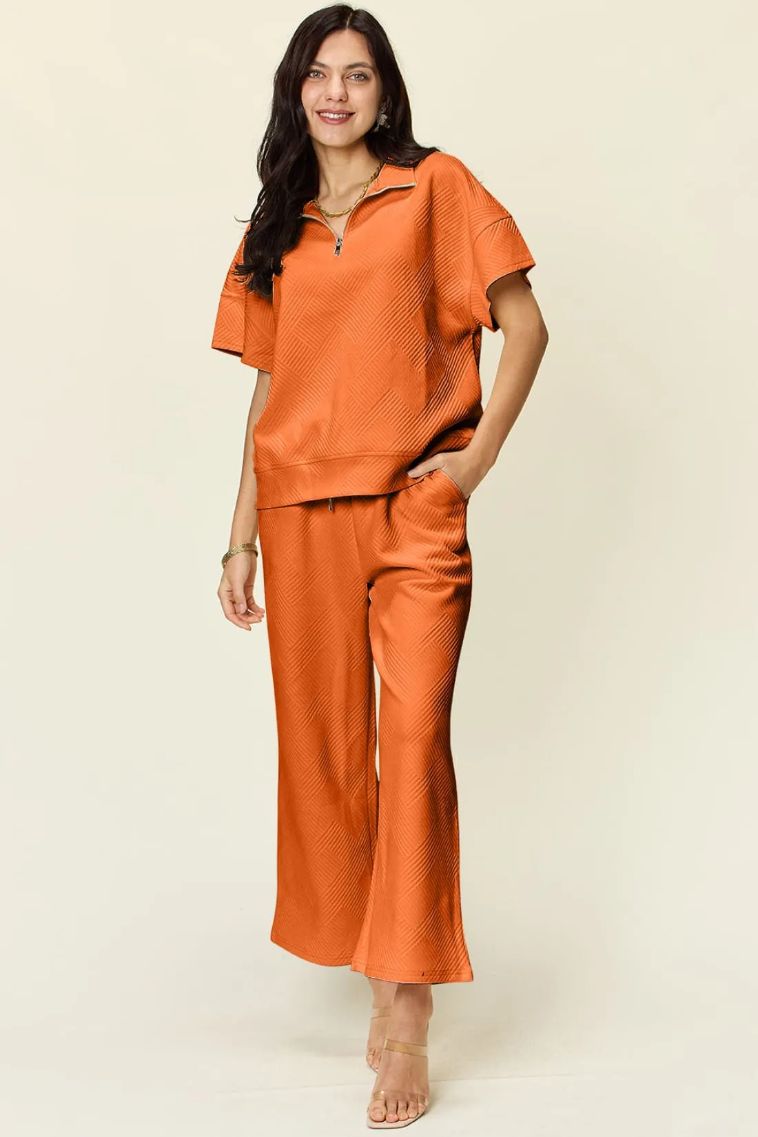 Half Zip Short Sleeve Top and Pants Set