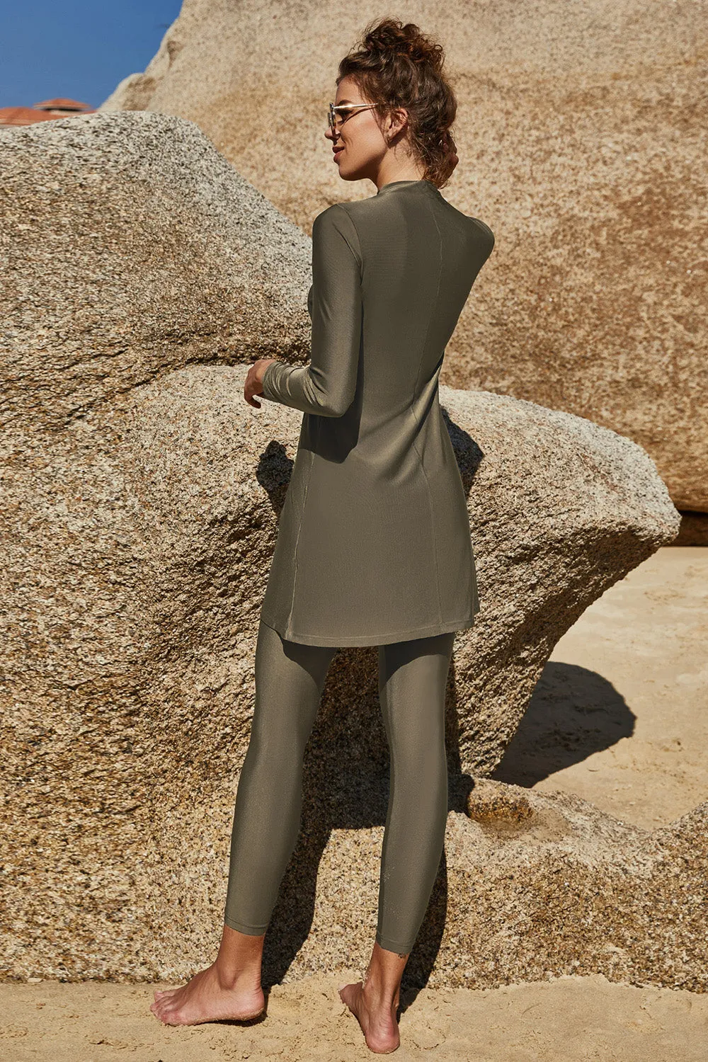 Hazel Blues® |  Slit Mock Neck Long Sleeve Top and Pants Swim Set