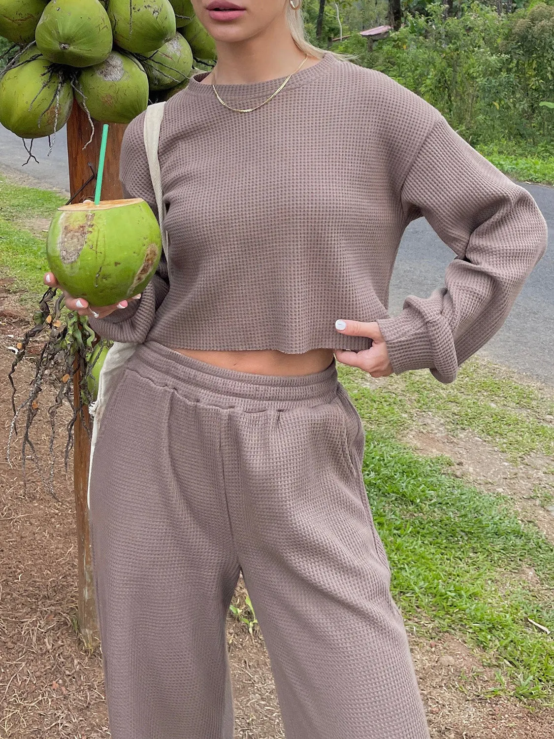 Hazel Blues® |  Waffle-Knit Round Neck Top and Pants Set