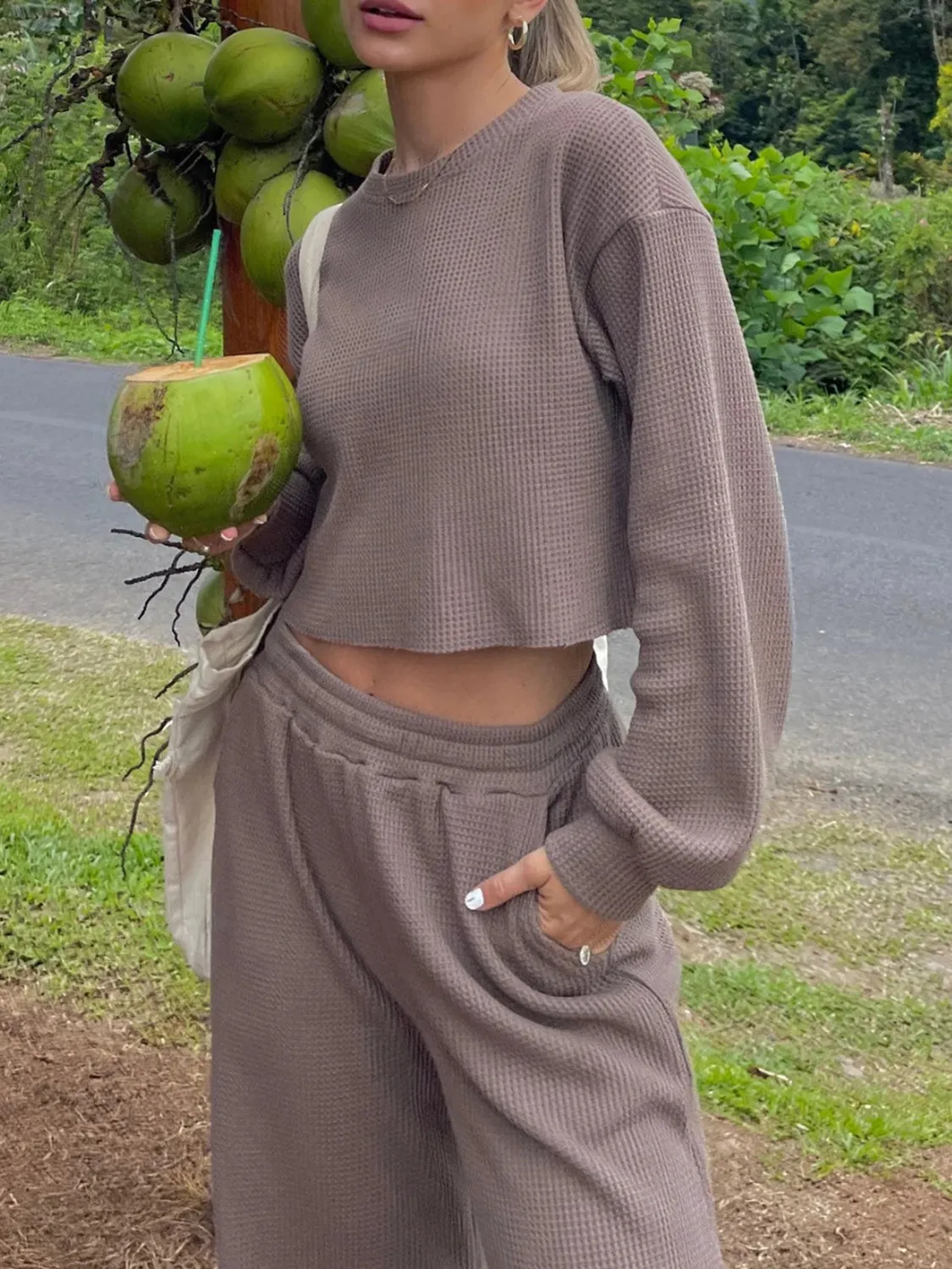 Hazel Blues® |  Waffle-Knit Round Neck Top and Pants Set