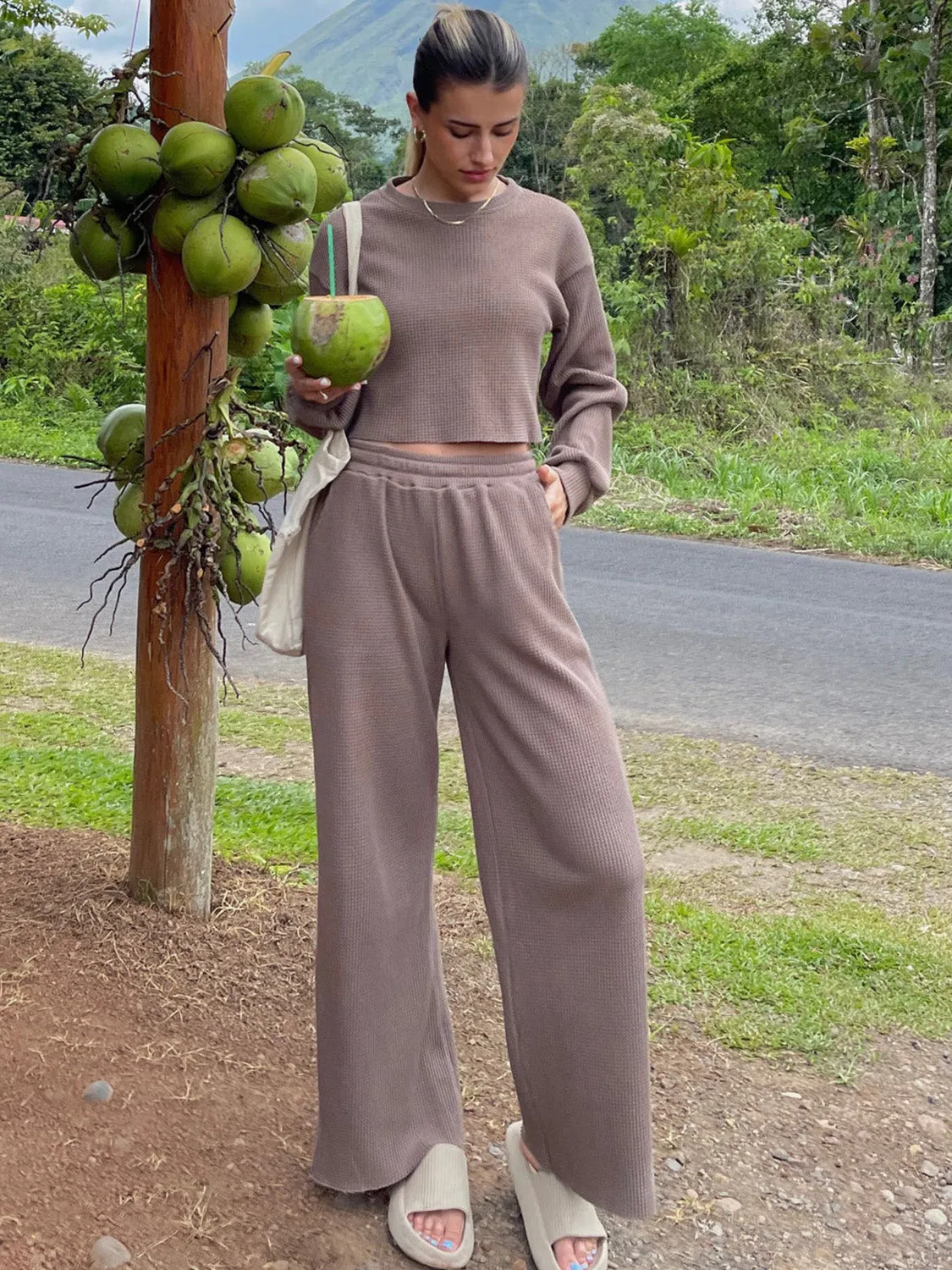 Hazel Blues® |  Waffle-Knit Round Neck Top and Pants Set
