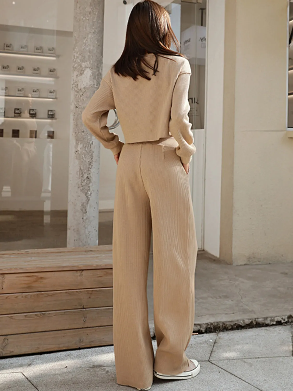 Hazel Blues® |  Waffle-Knit Round Neck Top and Pants Set
