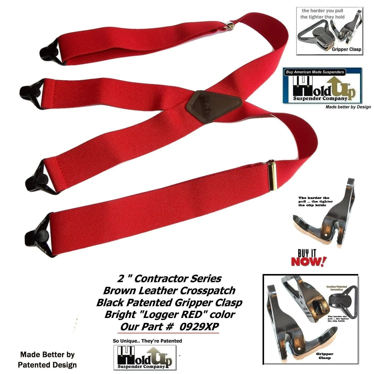 Holdup Heavy Duty Logger RED 2" Wide X-back Work Suspenders with USA Patented Gripper Clasps