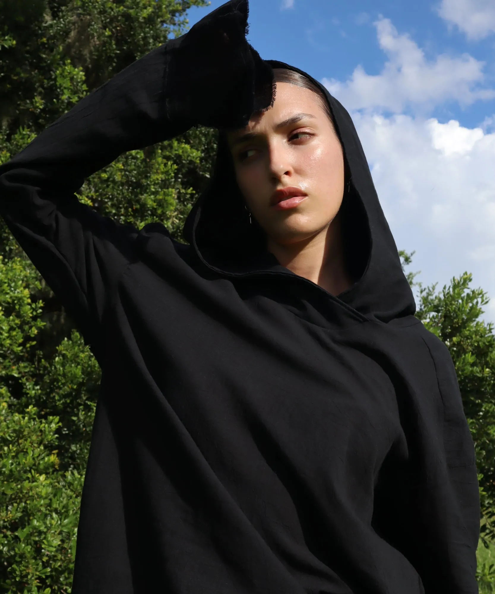 HOODED LONG SLEEVE, BLACK GAUZE