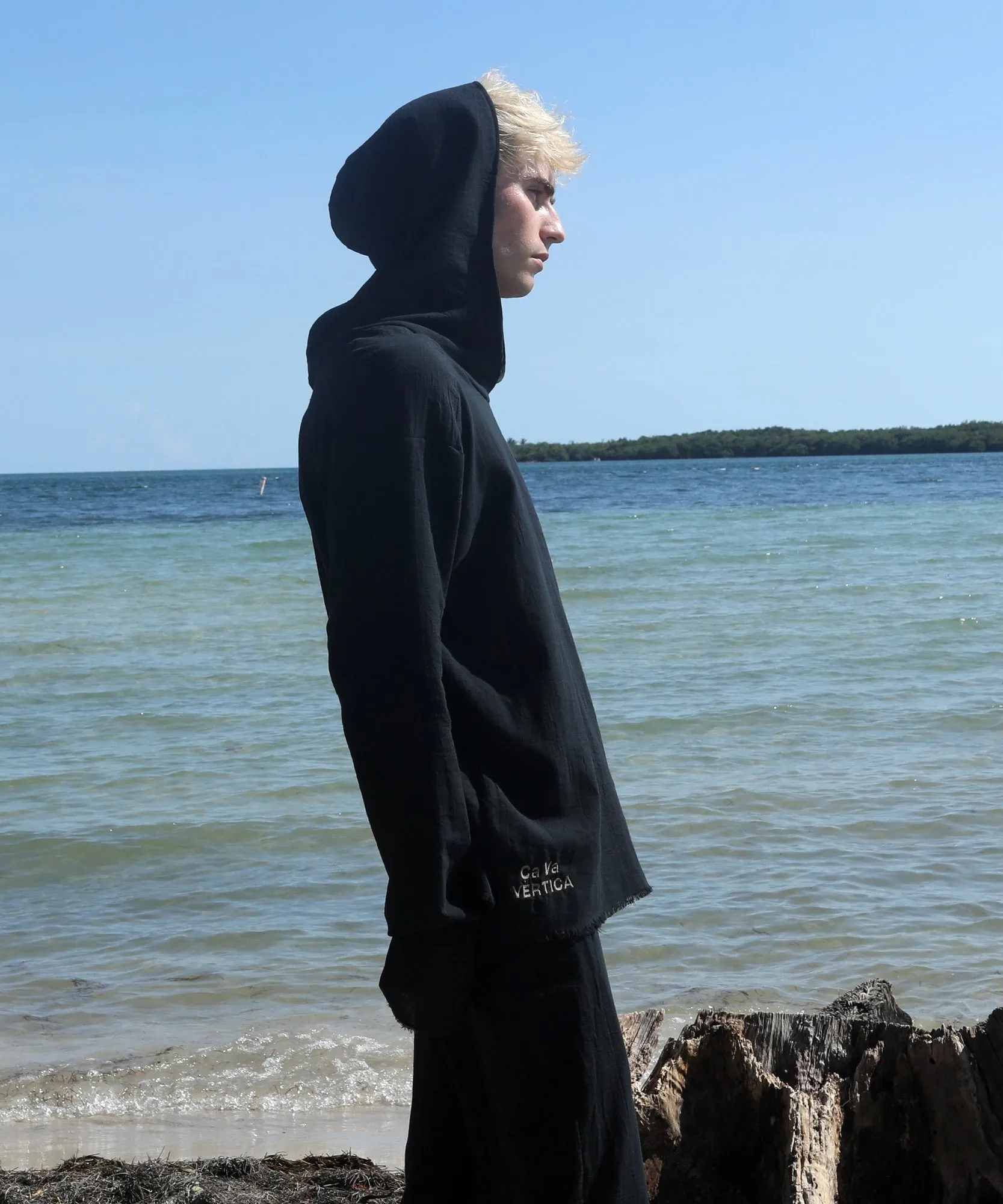 HOODED LONG SLEEVE, BLACK GAUZE
