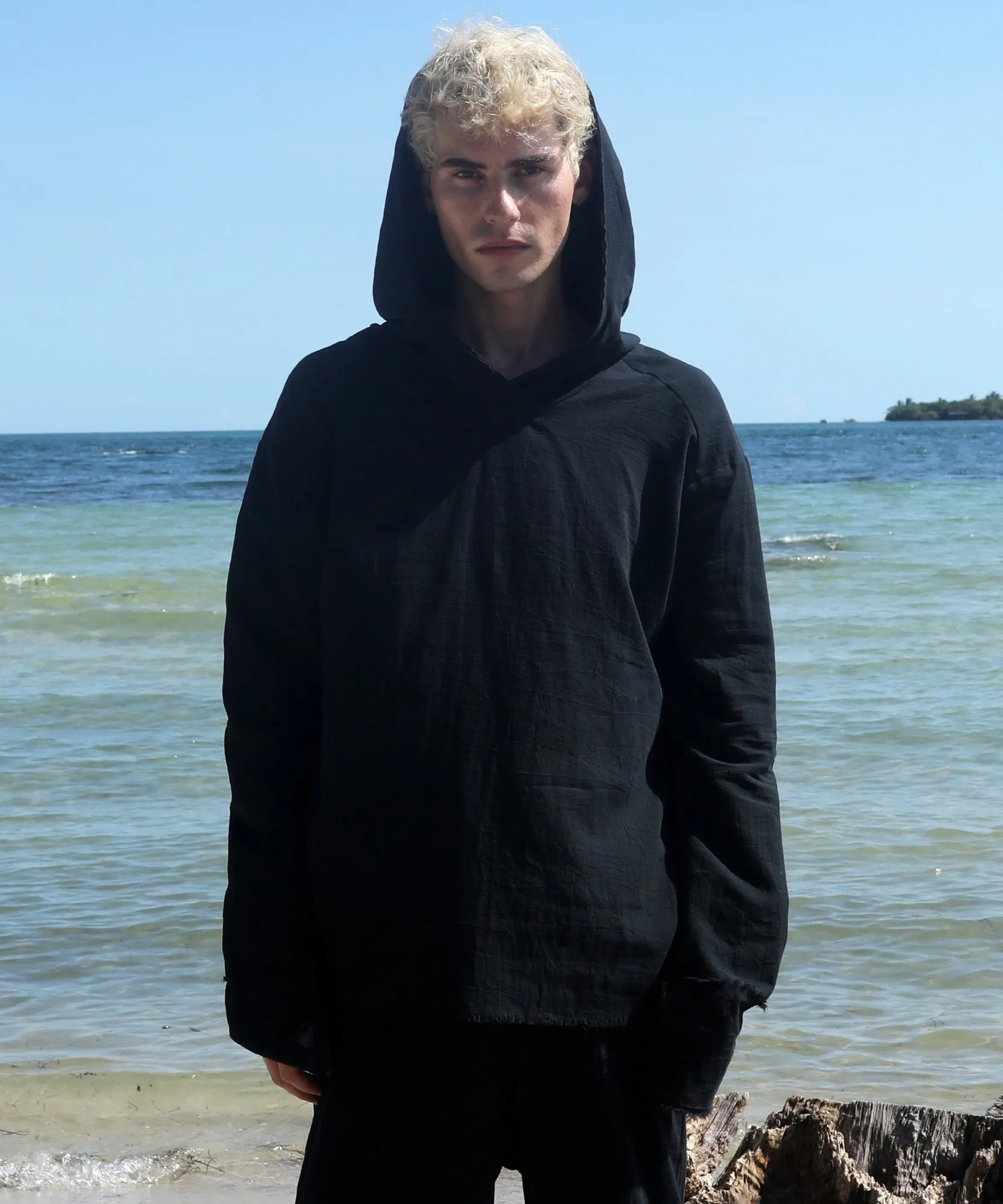 HOODED LONG SLEEVE, BLACK GAUZE