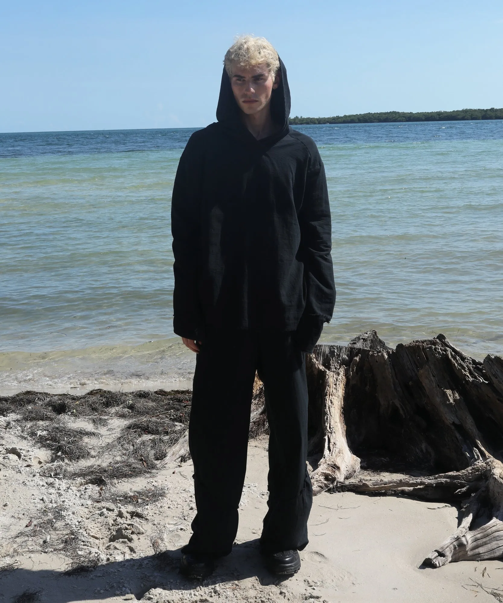 HOODED LONG SLEEVE, BLACK GAUZE