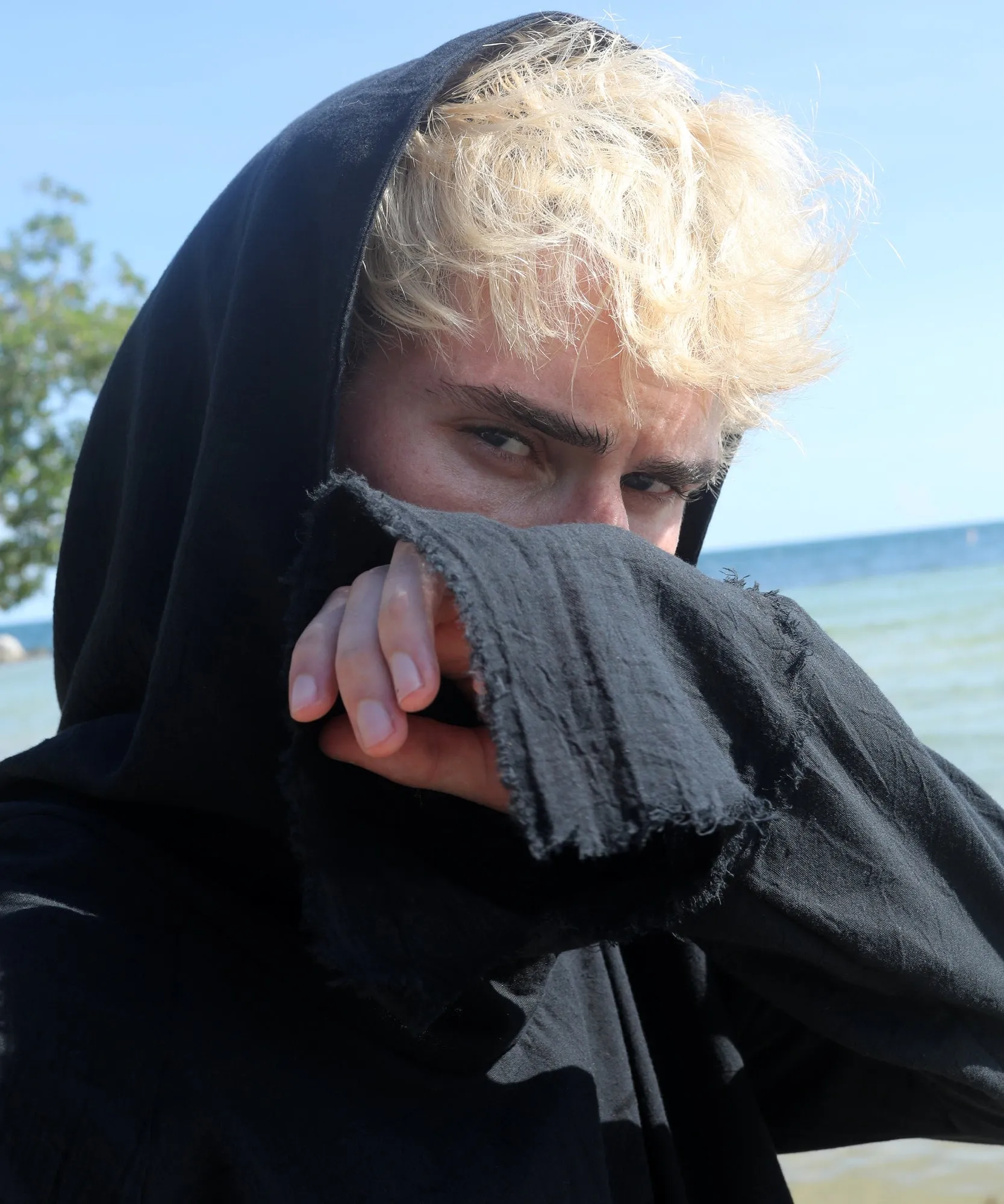 HOODED LONG SLEEVE, BLACK GAUZE