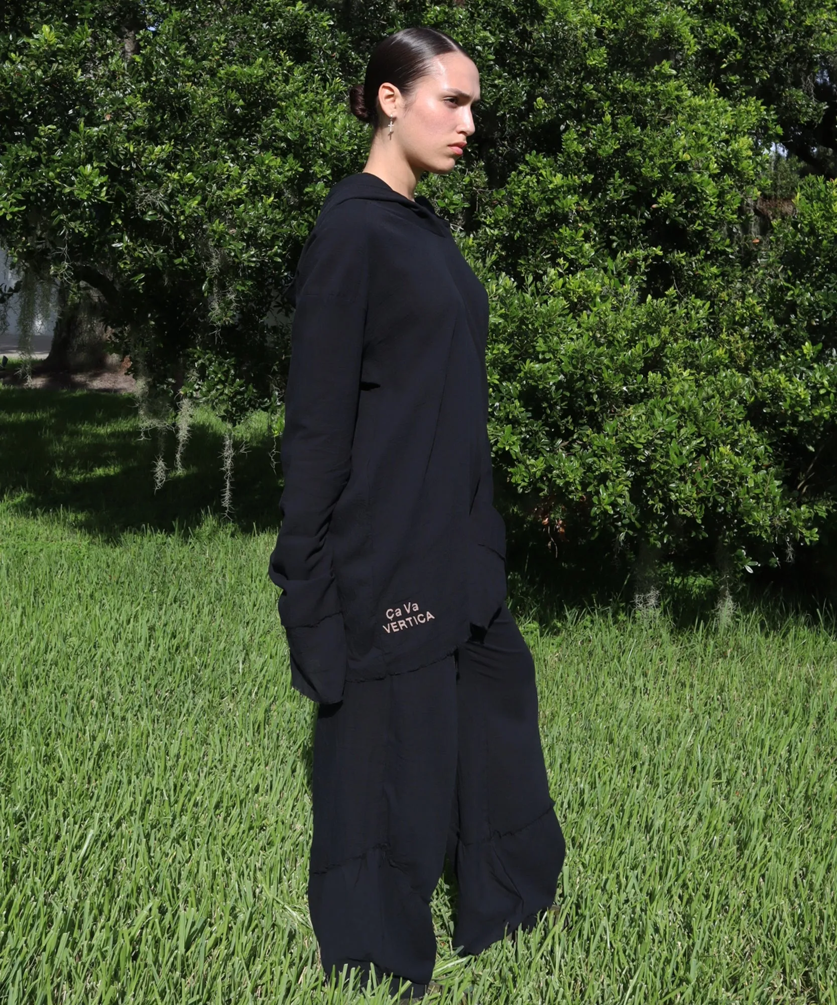 HOODED LONG SLEEVE, BLACK GAUZE