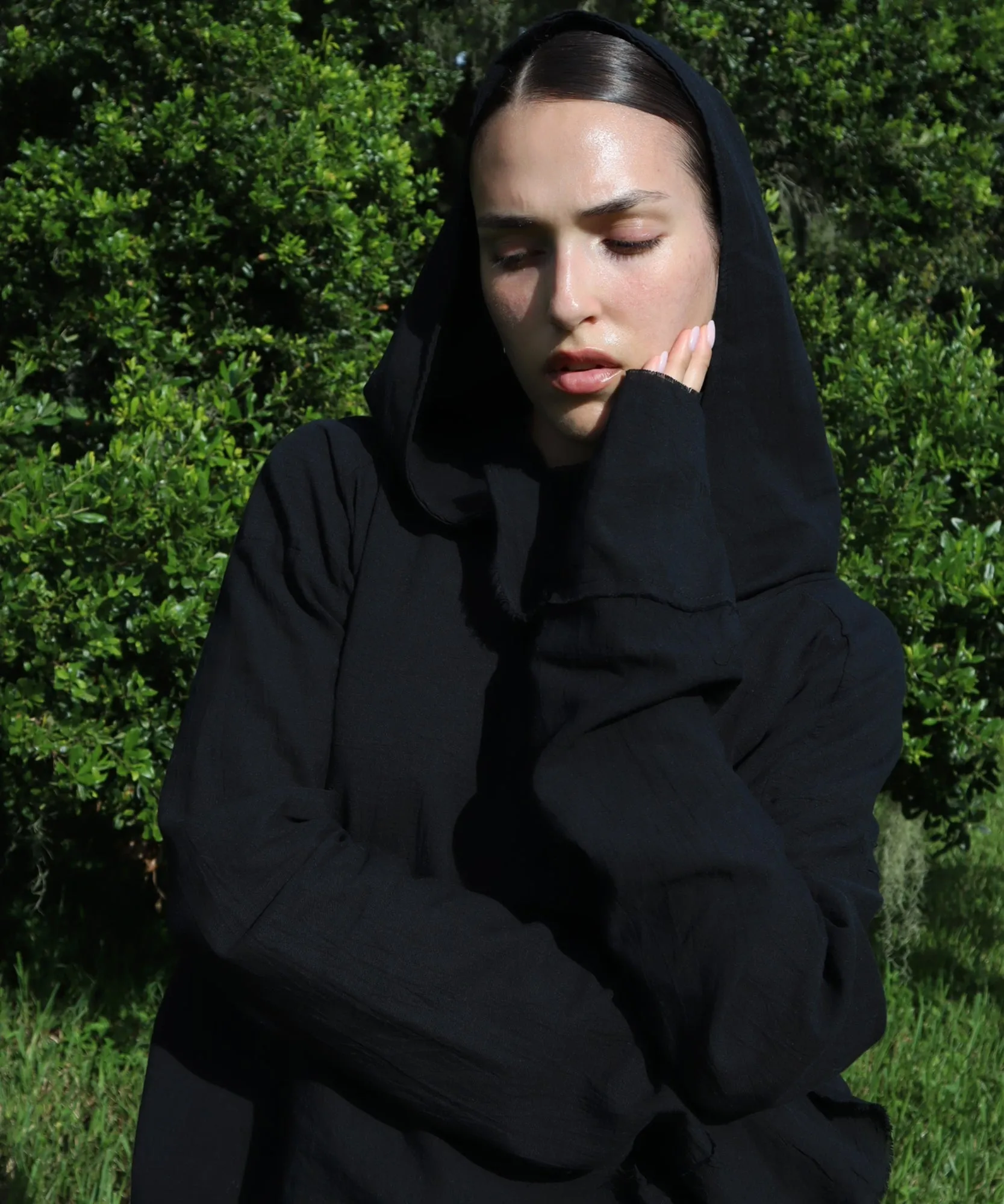 HOODED LONG SLEEVE, BLACK GAUZE