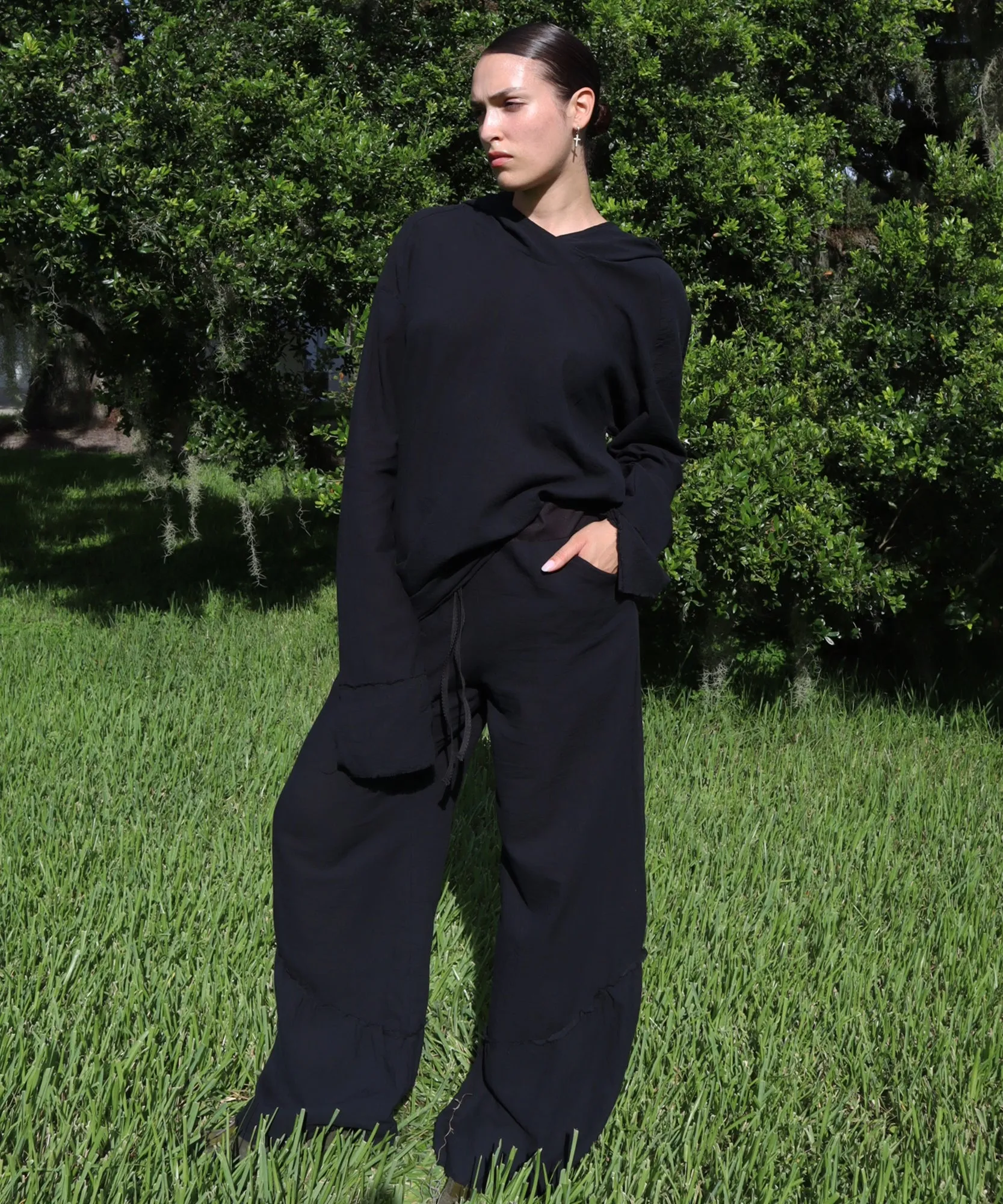 HOODED LONG SLEEVE, BLACK GAUZE