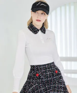 J.Jane New Tweed Collar Ballon Sleeve T-shirts (Black)