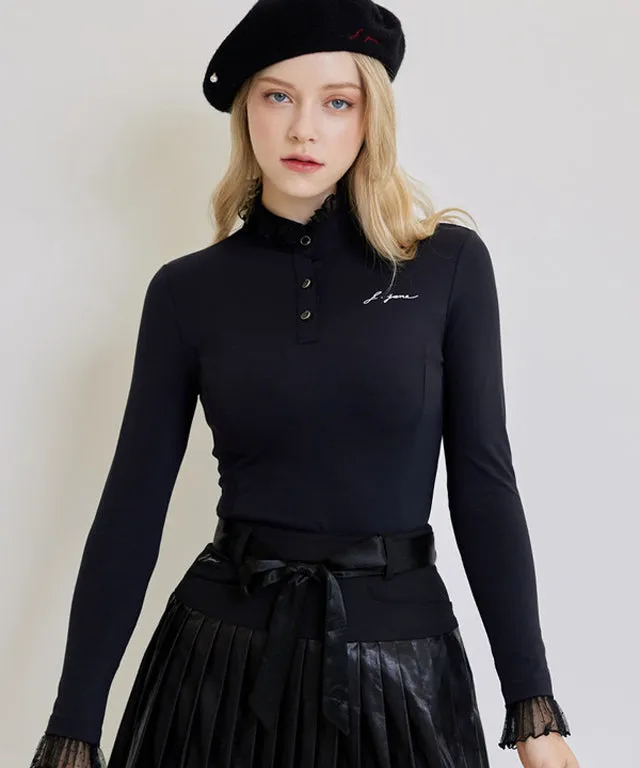 J.Jane See-through Frill High Neck T-shirts (Black)