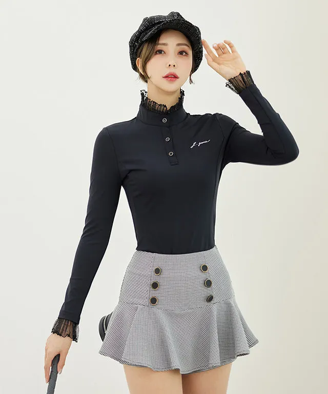 J.Jane See-through Frill High Neck T-shirts (Black)